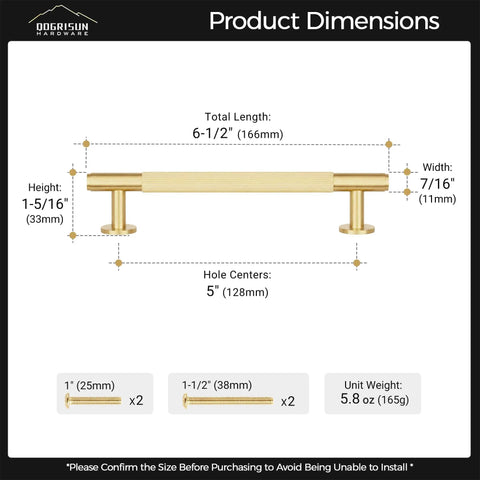 Top Shelf Solid Brass Cabinet Pulls With Slick Grooved Grip Design For No Sweat Installation dimensions image showing length, height, width.