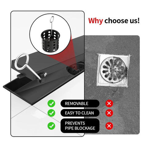 12 Inch Black Linear Shower Drain Crafted From Premium 304 Stainless Steel Featuring Adjustable Leveling Feet And Sturdy Hair Strainer, showcasing removable hair catcher.