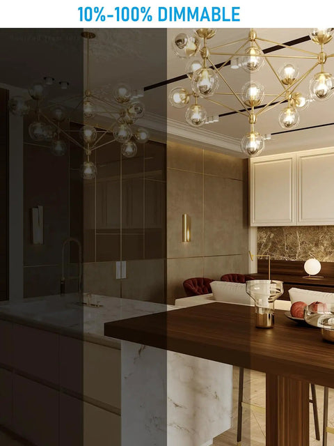 Dim room with chandelier showing dimmable effect of Dimmable Anti Glare G25 Globe LED Bulb Dope 7W 75W Eq E26 Silver Dipped Half Chrome Top, 3000K Warm White, UL Listed Bathroom Vanity Mirror Lighting, Pack Of 6.