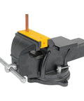 Black vise with yellow MV1 3-Inch To 6-Inch Polyurethane Soft Grip Vise Non-Marring Clamp attached, holding copper rod.