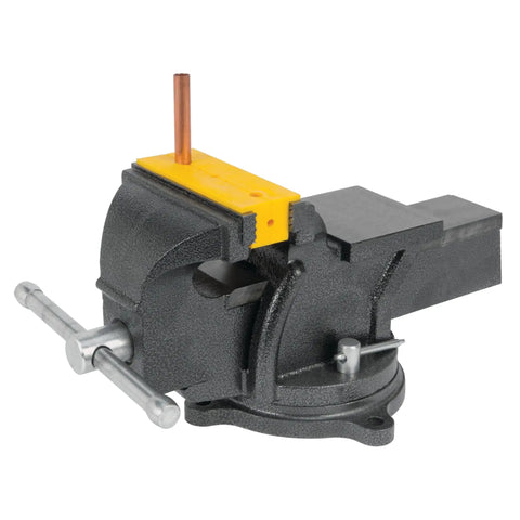 Black vise with yellow MV1 3-Inch To 6-Inch Polyurethane Soft Grip Vise Non-Marring Clamp attached, holding copper rod.