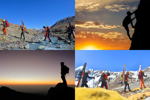 Hikers trekking with gear in mountainous terrain, showcasing heavy duty military grade boot socks 4 pack for rugged conditions.