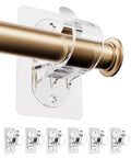 6 Pack Adhesive Curtain Rod Holders No Drilling Renter Friendly Curtain Hangers with transparent plastic bracket holding rod.