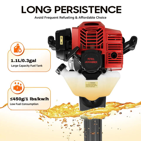 Gas Powered Garden Excavator With Wide Shovel 52cc 2 Stroke Earth Auger engine with fuel tank and consumption details