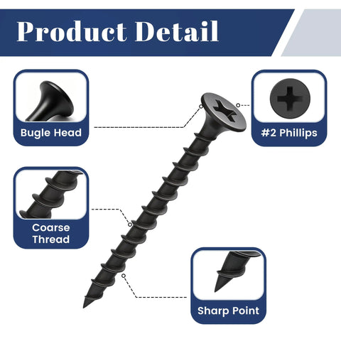 Pro Shop Heavy Duty Six By One And A Quarter Inch Drywall Screws With Easy Spin Phillips Drive showing bugle head, sharp point, coarse thread.