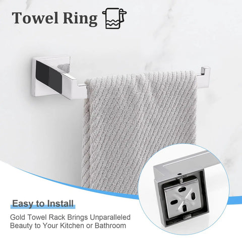 Wall-mounted polished stainless steel towel ring with grey towel displayed on a marble background, focus on installation ease.
