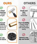 Comparison chart showing features of Pro Grade Punch Set With Brass Punches, Steel Pin And Roll Pin Punches, Bench Block, Hammer With Detachable Heads, Industrial Strength Tools, And Portable Storage Case For Metalworking, Automotive And DIY Projects against others.