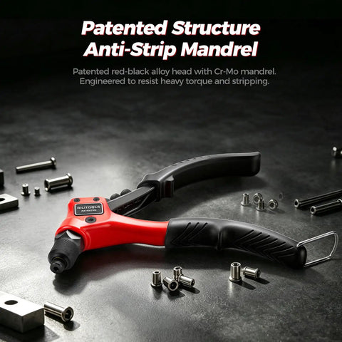No Brainer One Hand Pop Rivet Gun With Quick Swap Nosepiece And Lockdown Storage Built For Rough Auto Fabrication And Sheet Metal Repair That Seriously Saves Your Wrists, red-black alloy head on a workbench with metal rivets.