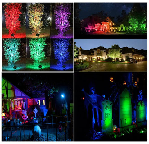 RGBW Outdoor Pathway Lights 14 Pack With Connectors Color Changing Landscape Spotlights illuminating trees and houses