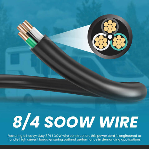Close-up of Heavy Duty Nema L15-30 Extension Power Cord 30 Amp 250 Volt 25 Foot 8/4 Soow Generator Cable end showing wire construction.