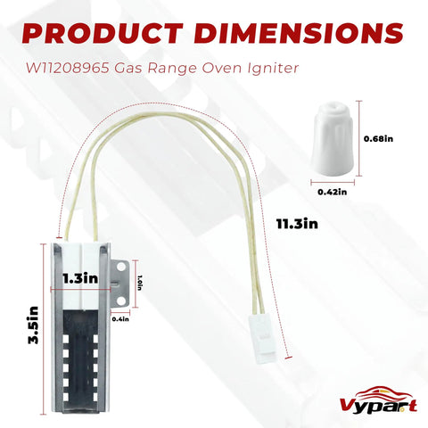 Plug And Play Gas Range Oven Igniter Replacement for Common Gas Ovens Easy Install With High Quality Ceramic And Stainless Steel Cover Includes Ceramic Nuts Fits WFG320 WFG505 Series Replaces W11590294 W11506321 W11613927 4977065 AP7193166 PS16744629 with dimensions shown.