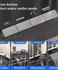 Multifunctional Black Stainless Steel Kitchen Faucet 26.8/29.5/31.5/33.5/90cm Integrated Sink Accessories for Modern Cooking showing water outlet mode buttons.