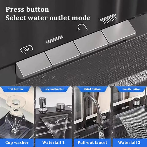 Multifunctional Black Stainless Steel Kitchen Faucet 26.8/29.5/31.5/33.5/90cm Integrated Sink Accessories for Modern Cooking showing water outlet mode buttons.