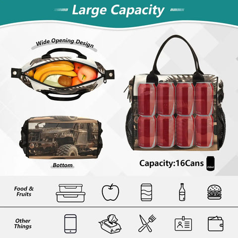 Monster Truck Desert Insulated Cooler Bag Lunch Box Tote large capacity with top view of fruits and full side with cans