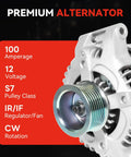 Close-up of heavy duty alternator for Honda and Acura, showing 100 amperage, 12 voltage, S7 pulley class, IR/IF, CW rotation.