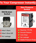 Comparison of old broken switch and new pressure switch for Replacement Air Compressor Pressure Switch 145 And 175 Psi For TS4N5 2340L5 2340N5 2340D5 5HP Single Phase Units With Built In Unloader Valve Four Port FNPT OEM 23474653 Compatible Easy Swap