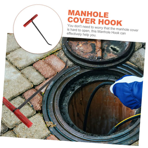 Heavy Duty Multi Function Manhole Cover Lifter With Thick T Shaped Handle For Roller Shutters And Sliding Doors Top Notch No Sweat Pulling Tool Set Pro Grade with red handle and hook over manhole.
