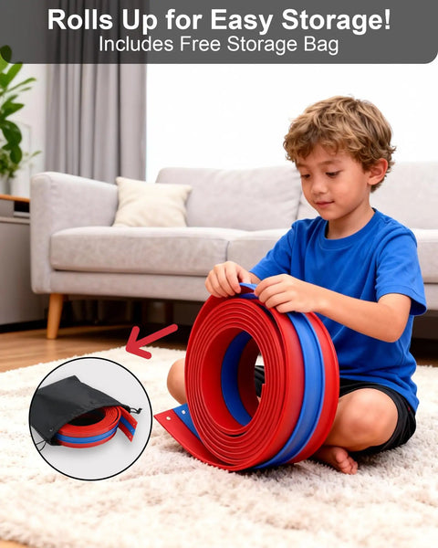 Child with Three Lane Flexible Race Track For Kids With 16.4ft Roll Up Layout Suction Cup Gravity Ramp, shown with storage bag