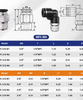Diagram of 3/8 Inch Tube OD To 1/4 Inch NPT Push To Connect Pneumatic Fittings Kit with labeled dimensions and models.