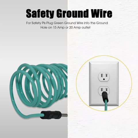 Plug And Go Nema 10-50P To 14-50R EV Charger Adapter Cord With Ground Wire, 50 Amp Three Prong 6AWG 240V Heavy Duty Level 2 Charging Cable For Tesla And All Electric Cars 12 Inch coiled green ground wire plugged into outlet.