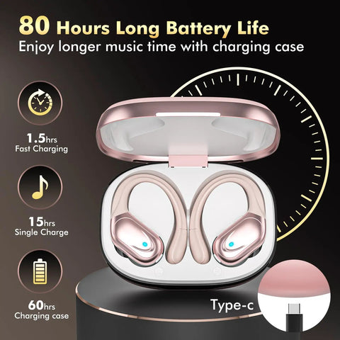 Wireless Sports Buds With LED Power Display, 80 Hours Playtime, Noise Canceling Bluetooth Earbuds, IPX7 Sweatproof, Rose Gold