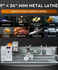 Benchtop Mini Metal Lathe With Nine By Twenty Four Inch Capacity 1100 Watt Brushless Motor 3000 Rpm Spindle Three Jaw Chuck Lcd Display, showcasing its capabilities.
