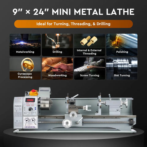 Benchtop Mini Metal Lathe With Nine By Twenty Four Inch Capacity 1100 Watt Brushless Motor 3000 Rpm Spindle Three Jaw Chuck Lcd Display, showcasing its capabilities.