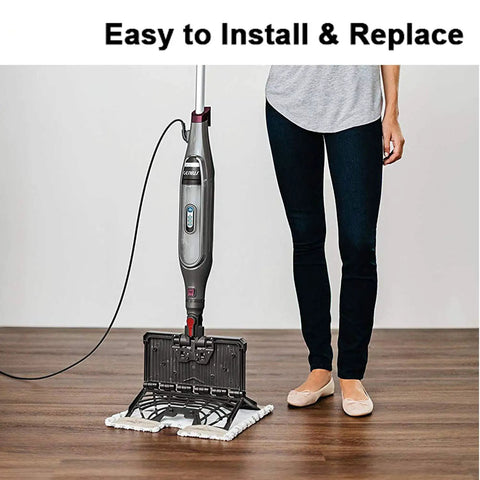 Person using Six Pack Dirt Grip Microfiber Steam Mop Pads Replacement For Genius Pro Lift-Away Steam Mops on wooden floor.