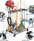 Mobile Garden Tool Organizer Metal Garage Storage Holder For Long Tools Heavy Duty Yard Rack With Rolling Casters And Sturdy Tool Cart Ideal For Rakes Shovels Hoes And Long Garden Tools with various tool slots and casters.
