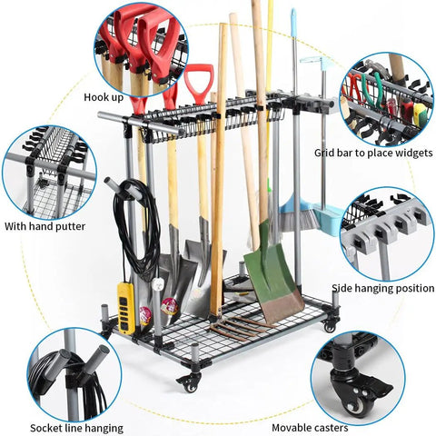 Mobile Garden Tool Organizer Metal Garage Storage Holder For Long Tools Heavy Duty Yard Rack With Rolling Casters And Sturdy Tool Cart Ideal For Rakes Shovels Hoes And Long Garden Tools with various tool slots and casters.