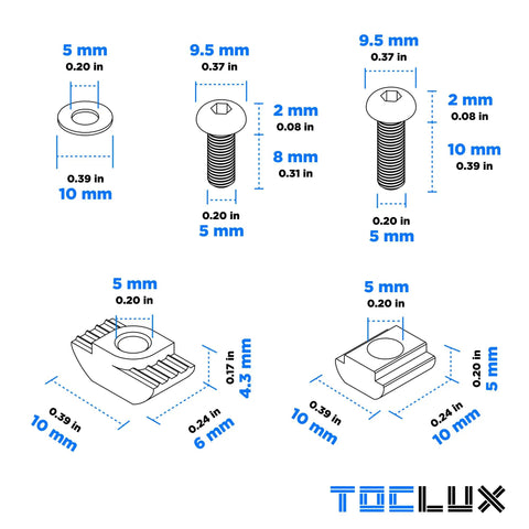 Built Like A Tank 680 Piece M5 T Nuts And Screws Kit For 20 Series Aluminum Extrusion parts diagram with dimensions.