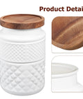 Top Shelf Matte White Glass Storage Jars With Lids Two Pack For Kitchen Organization Airtight Canisters with wood lid and embossed design.