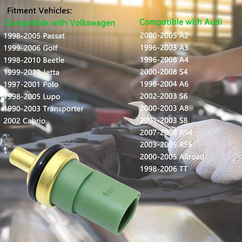 Replacement coolant temperature sensor for VW and Audi models, part 059 919 501A, showing direct fit design.