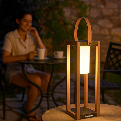 Rustic Solar Lantern For Outdoor Use With Portable Handle, illuminating a patio table with warm light, 22 Inch Tall