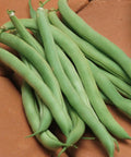 White Half Runner Pole Bean Seeds, 2 Oz Packet For Garden, 60 Day Harvest, green pods displayed on brown surface.