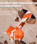 Knockout Forstner drill bit with threaded chip removal design cutting wood, featuring robust carbide construction and easy chip removal.