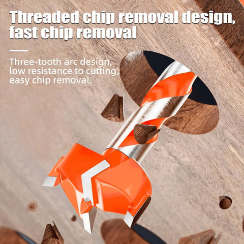Knockout Forstner drill bit with threaded chip removal design cutting wood, featuring robust carbide construction and easy chip removal.
