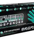 Straight Up Tough Powder Free Chloroprene Disposable Gloves With Heavy Five Mil Build And Sure Grip Textured Tips For Battle Ready Chemical Guarding Extended Twelve Inch Sleeve Cuff Built For Daily Dental And Industrial Jobs Large packaging showing gloves.
