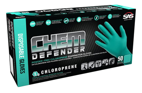 Straight Up Tough Powder Free Chloroprene Disposable Gloves With Heavy Five Mil Build And Sure Grip Textured Tips For Battle Ready Chemical Guarding Extended Twelve Inch Sleeve Cuff Built For Daily Dental And Industrial Jobs Large packaging showing gloves.