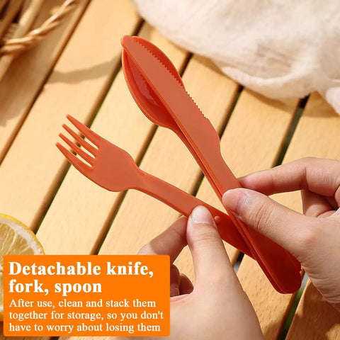 Lightweight Six Piece Camping Mess Kit with nesting knife, fork, spoon in hand, ideal for easy outdoor meals and space saving.