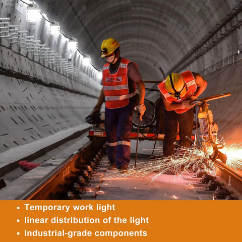 Workers in tunnel using 50Ft LED Construction String Lights 75W 7500LM Industrial Grade Work Lights For Job Sites Renovations