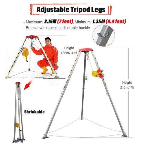 Rock Solid Confined Space Rescue Tripod Kit With Retractable Fall Arrest Harness And Heavy Duty Self Locking Winch For Vertical Roof And Manhole Lifting Jobs