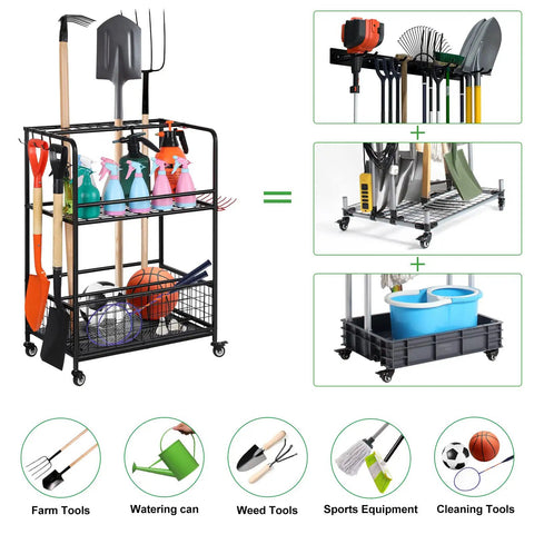 Garden Tool Organizer With Wheels Rugged Heavy Duty Metal Shelf Garage Tool Storage Rack With Hooks for Yard Tools