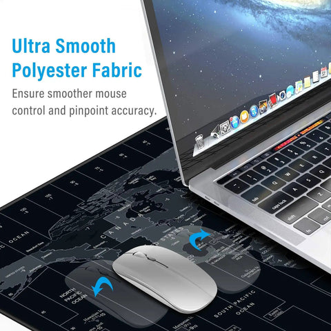 World Map XXL Mouse Pad 35.4 By 15.7 Inch With Non Slip Rubber Base And Stitched Edges Beast Desk Mat next to laptop