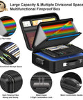 Open hard shell fireproof document safe box with lock, showing organized interior spaces for papers and laptop, black color.