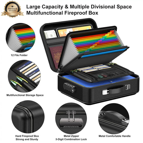 Open hard shell fireproof document safe box with lock, showing organized interior spaces for papers and laptop, black color.