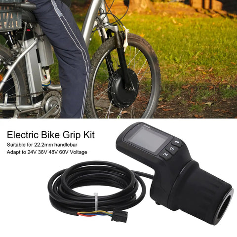 Easy Install LCD Display Electric Bike Meter Kit With Half Handle Grip 5P Common Wire on grass beside parked e-bike