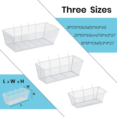 Pegboard Wire Basket Set For Hanging Wall Organization, 3 Size Bins For Pegboards And Slatwalls, White Multi Pack