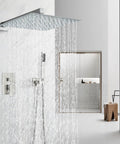 Brushed Nickel Shower System With 12 Inch Rain Head, Handheld Sprayer, Brass Valve, 14.5 Inch Arm in modern bathroom