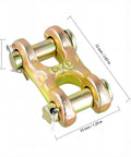 Eight Pack Three Eighths Inch Twin Clevis Links Zinc Plated G70 Forged Chain Repair Connectors For Truck And Trailer Safety Chains, 6600 Lb Working Load Limit, Beefy Heavy Duty Alloy Steel Construction, angled view with 25 mm x 33 mm x 72 mm dimensions